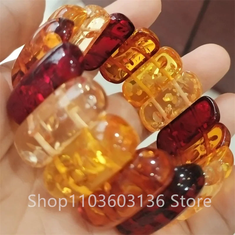 Natural Baltic Amber Flower Wide Bracelet Men Women Healing Jewelry Gemstone Bangle Floral Ambers Elastic Lucky Amulet Bracelets