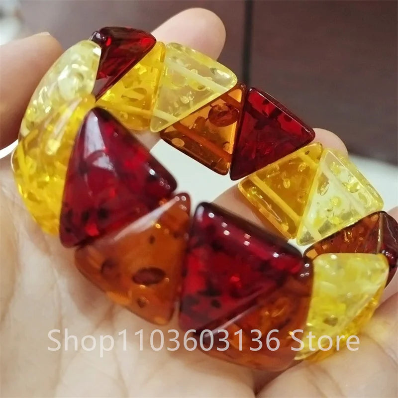 Natural Baltic Amber Flower Wide Bracelet Men Women Healing Jewelry Gemstone Bangle Floral Ambers Elastic Lucky Amulet Bracelets