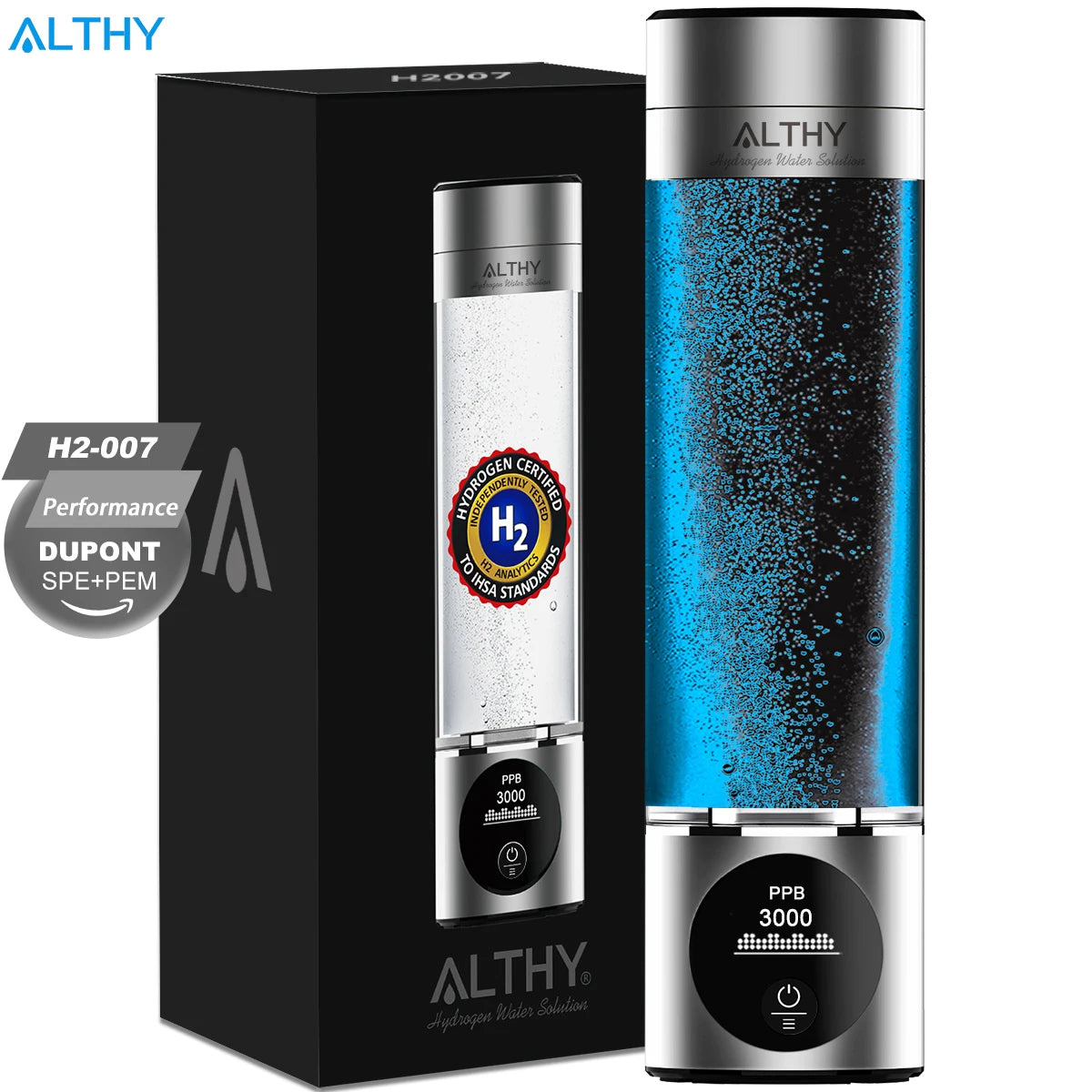 ALTHY Performance Hydrogen Water Generator Bottle DuPont SPE+PEM Dual Chamber lonizer + PPB&Time Display + H2 Inhalation Device