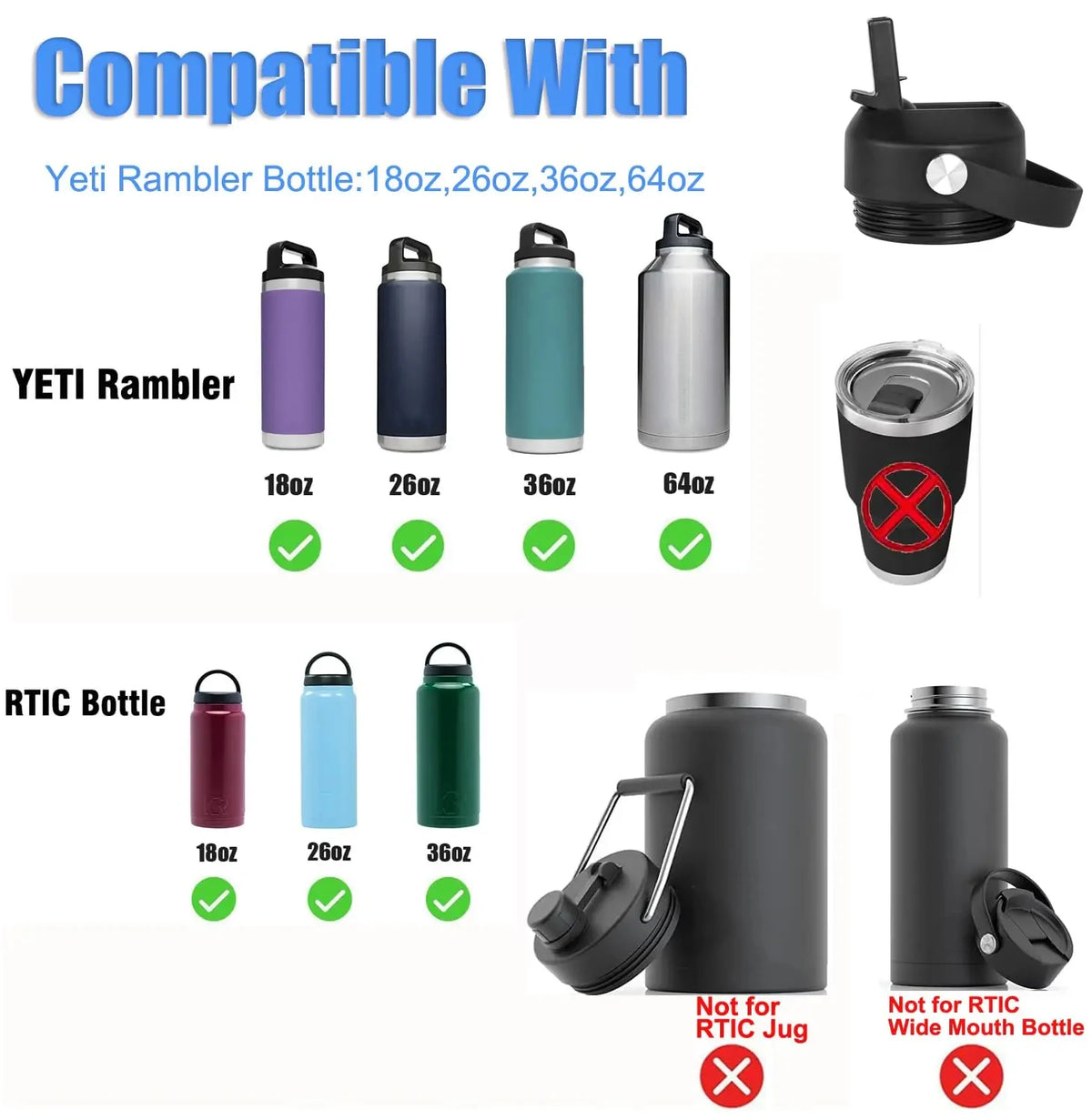 Straw lid for Yeti Water Bottle 18 26 36 64 oz, Replacement Cap Straw Cap for RTIC and Yeti Bottle, Lid with Straws