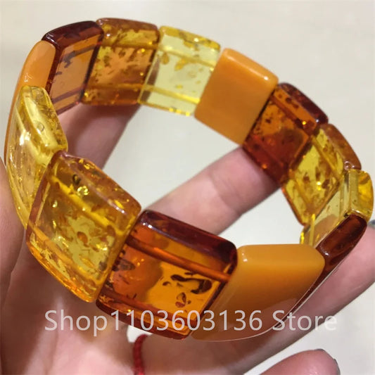 Natural Baltic Amber Flower Wide Bracelet Men Women Healing Jewelry Gemstone Bangle Floral Ambers Elastic Lucky Amulet Bracelets