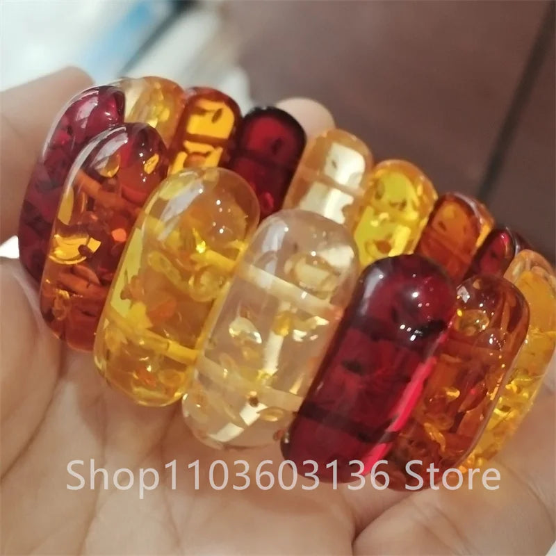 Natural Baltic Amber Flower Wide Bracelet Men Women Healing Jewelry Gemstone Bangle Floral Ambers Elastic Lucky Amulet Bracelets