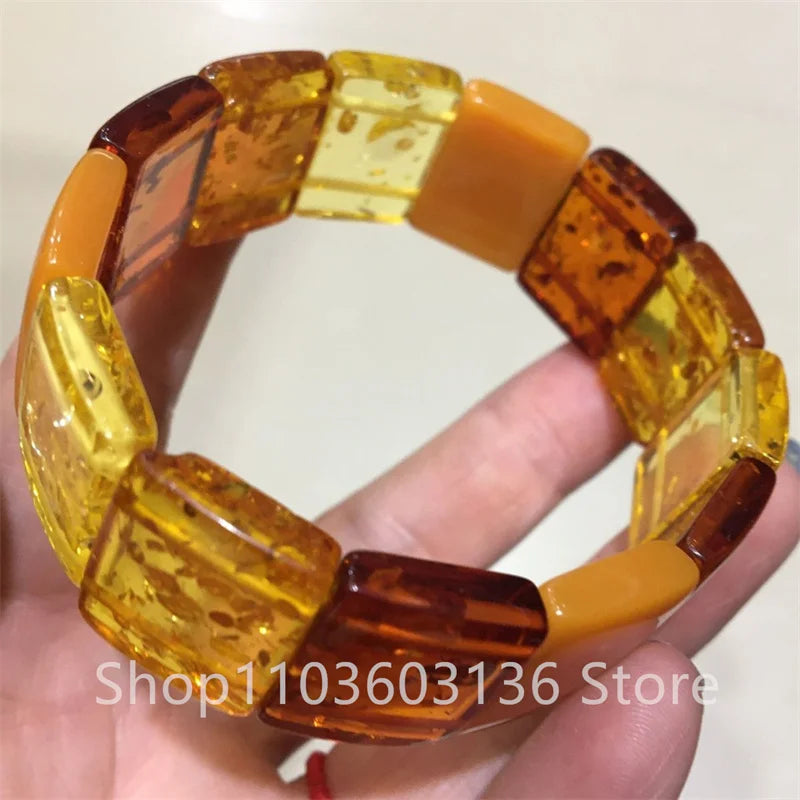 Natural Baltic Amber Flower Wide Bracelet Men Women Healing Jewelry Gemstone Bangle Floral Ambers Elastic Lucky Amulet Bracelets