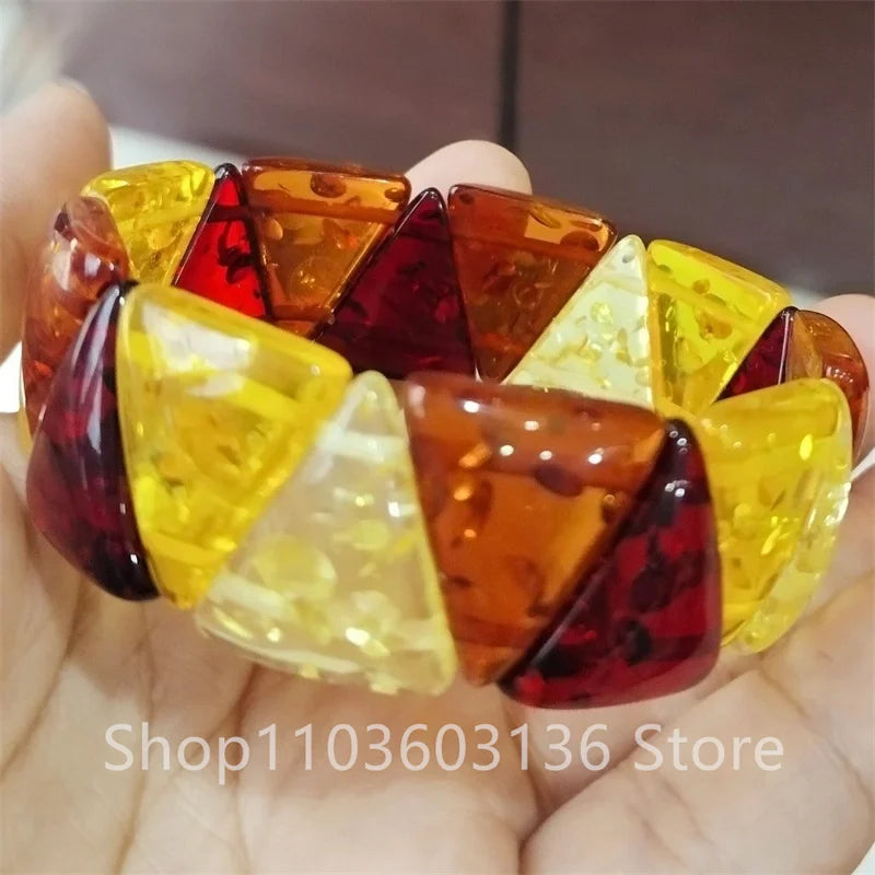 Natural Baltic Amber Flower Wide Bracelet Men Women Healing Jewelry Gemstone Bangle Floral Ambers Elastic Lucky Amulet Bracelets